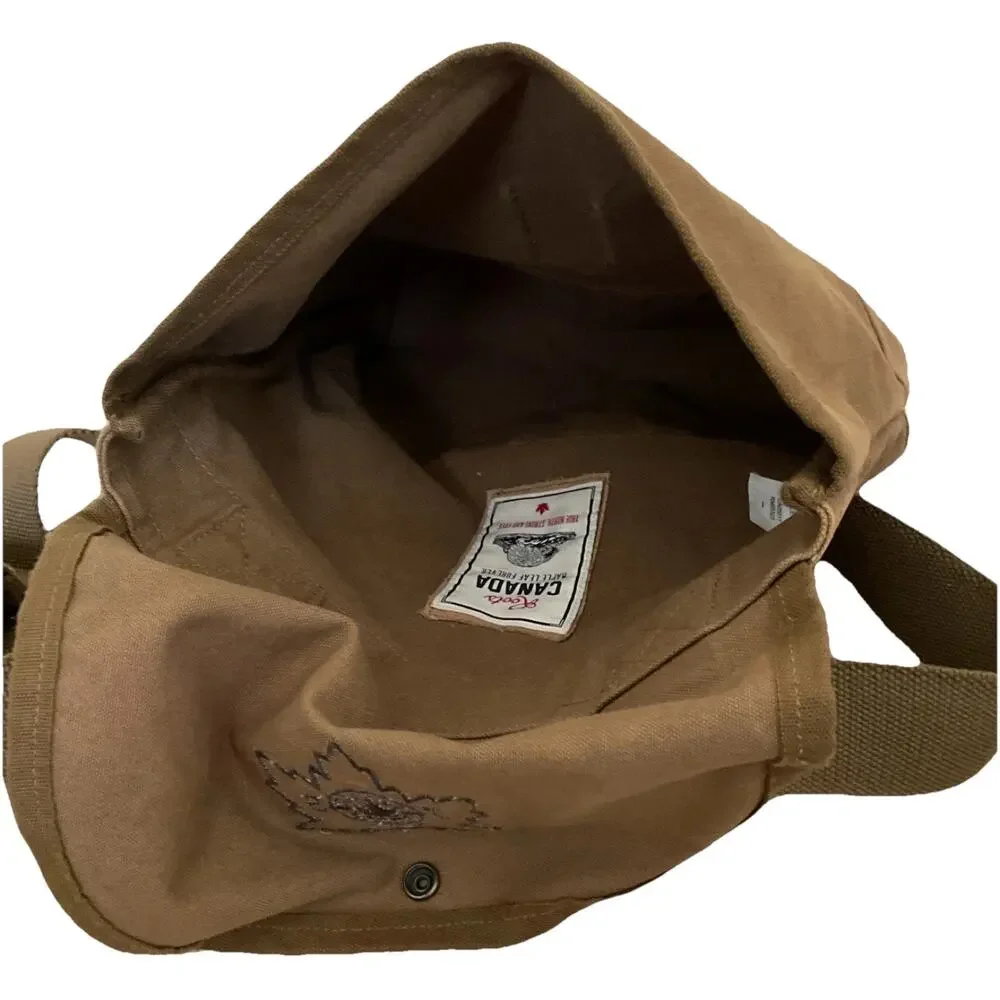 Roots Canada Brown Canvas Crossbody Shoulder Bag Maple Leaf Logo Flap Casual